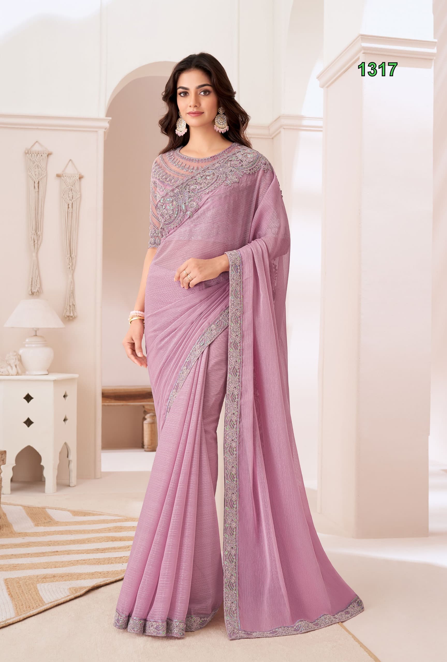 Pastel Lilac Fine Soft Satin Saree with Intricate Cutdana Embroidery Accents